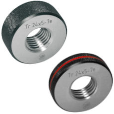 Thread ring gauges GO or NO-GO 7e for metric ISO trapezoidal threads according to DIN 103 and made of hardened tool steel.