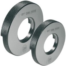 Thread ring gauges according to DIN 2999 for tapered Withworth pipe threads. Made of hardened tool steel with tolerance steps.