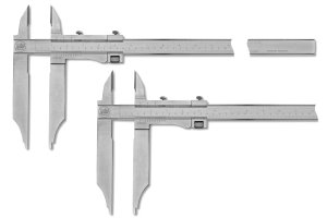 Analog calipers with points with measuring ranges from 400mm up to 3000mm. Reading on vernier 1/20mm and 1/128inch.