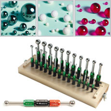 Individually measuring balls made of Chrome steel, Stainless steel, Tungsten carbide, Ceramic or Ruby. With a tolerance of ± 1µm and Diameters from 0,4 mm - 100 mm., Measuring balls in a set and Ball gauges made of tungsten carbide or stainless steel. Ball gauges one sided or two sided GO and NO-GO.