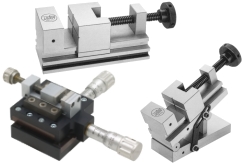 Precision Mini-vises, grinding and control vises, adjustable in 2 planes, rotating and swiveling, vises with hardened spindle, with trapezoidal thread, vise, with or without spindle, sine vises, sine control vises.